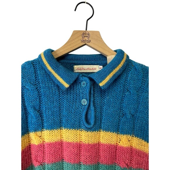 Vintage Lady De Rotchild Blue Stripe Cable Knit Collared Sweater Women's Size 42 - Picture 3 of 10